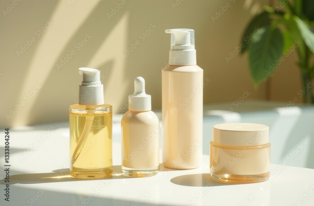 Minimalist skincare set on sunlit surface with plant shadow Minimalist skincare set on sunlit surface with plant shadow