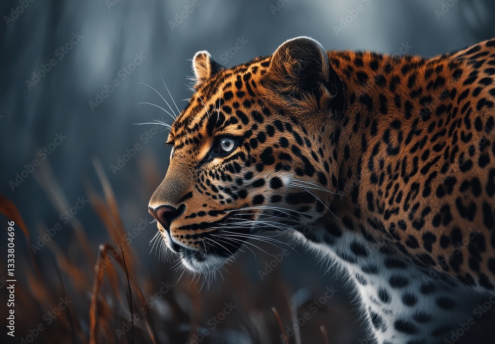 Obraz premium Majestic Close-Up of a Leopard with Striking Spots and Intense Gaze in Lush Natural Environment