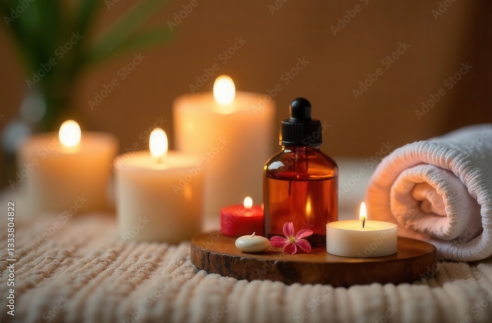 Relaxing spa scene with candles and aromatherapy oils for a tranquil ambiance Relaxing spa scene with candles and aromatherapy oils for a tranquil ambiance