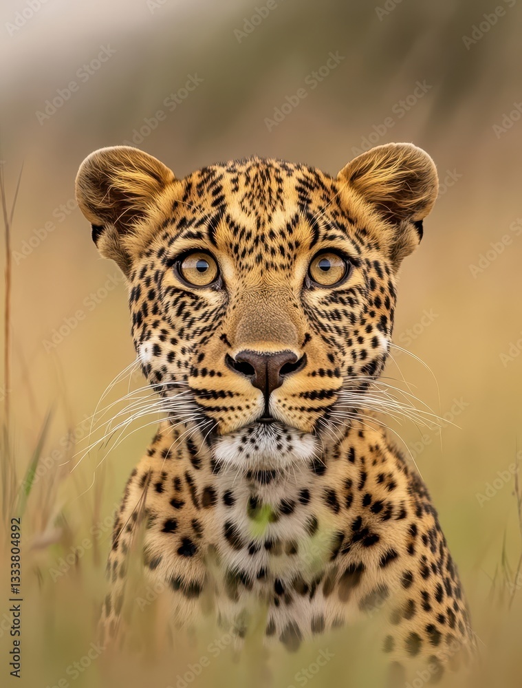 Majestic Close-Up of a Leopard's Face in Natural Habitat Showcasing Unique Spots and Piercing Eyes Beneath a Soft Overcast Sky Majestic Close-Up of a Leopard's Face in Natural Habitat Showcasing Unique Spots and Piercing Eyes Beneath a Soft Overcast Sky
