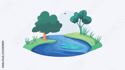 Digital illustration of a stylized landscape featuring a gently curving blue river or stream. The river is surrounded by a small, green landmass with two stylized trees, grass, and minimal foliage