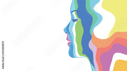 The image is a digital illustration depicting a female profile in an abstract style.  The face is composed of vertical, wavy stripes of varying pastel colors, predominantly blues, greens, yellows,