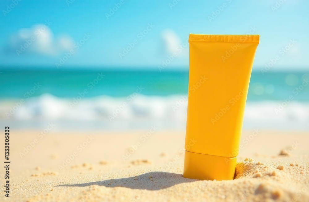 Yellow sunscreen bottle on sandy beach with ocean waves and blue sky Yellow sunscreen bottle on sandy beach with ocean waves and blue sky