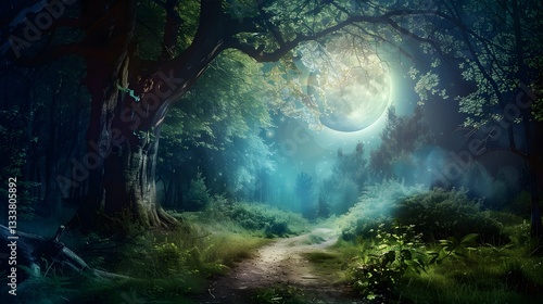 Mysterious hidden path leading through a lush medieval forest full of towering trees.