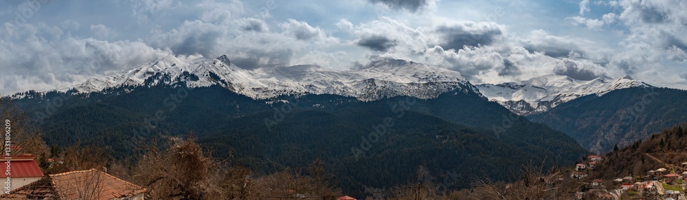 South Pindos peaks Loupata, Marosa and Avgo view from Neraidochori village near Pertouli, Trikala, Greece