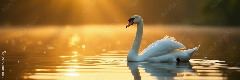Obraz premium Peaceful swan floating on tranquil golden lake with serene expression, beauty, reflection, water