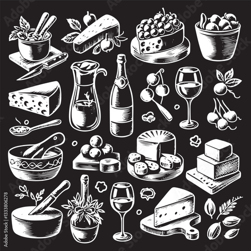 chalk food vector illustrations. wedding dinner icons, wine or champagne glass, cheese, and charcuterie drawings for wedding invitations, cafe menus, and parties vector silhouette
