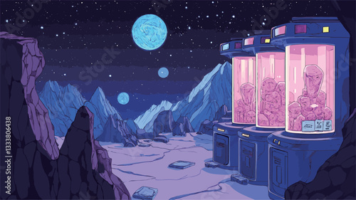 A digital illustration depicts a nocturnal scene on an alien planet.  The artwork features a facility with several large, cylindrical containers filled with a glowing pink substance. These