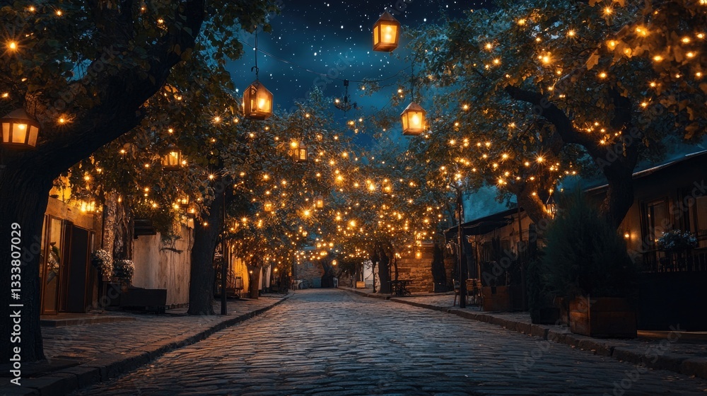 An illuminated street scene with hanging lanterns and twinkling lights An illuminated street scene with hanging lanterns and twinkling lights