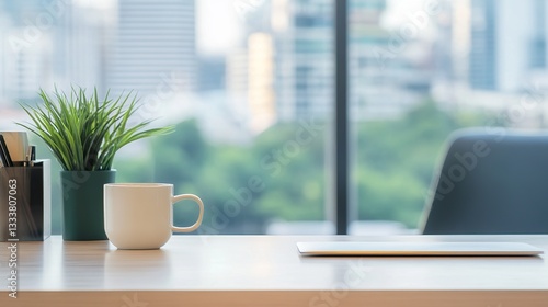 Minimalist office desk with natural light, blurred cityscape outside; simplicity and focus in a modern workspace.
