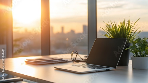 Minimalist office desk with natural light, blurred cityscape outside; simplicity and focus in a modern workspace.

