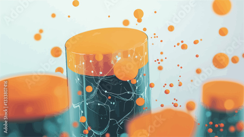 Close-up shot of several transparent cylindrical vessels partially filled with a vibrant orange liquid.  The liquid appears to be in motion, with droplets splashing and suspended in the air.  The