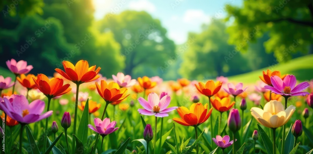 Obraz premium Large colorful flowers in a lush green field with trees, nature, garden, flowers