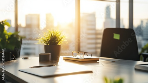 Minimalist office desk with natural light, blurred cityscape outside; simplicity and focus in a modern workspace.
