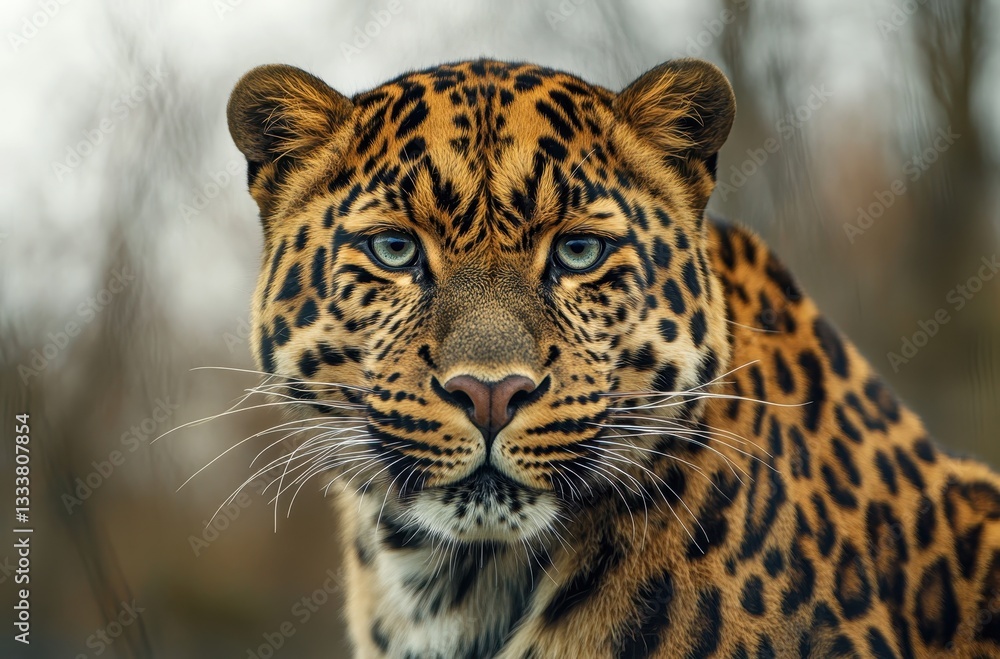 Obraz premium Majestic Close-Up of a Vibrant Leopard Showcasing Its Striking Spots and Intense Gaze Amidst a Natural Background in a Wild Habitat