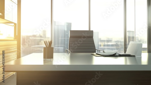Minimalist office desk with natural light, blurred cityscape outside; simplicity and focus in a modern workspace.
