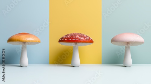 Colorful Mushroom Decorations on Minimalist Pastel Background with Geometric Shapes photo