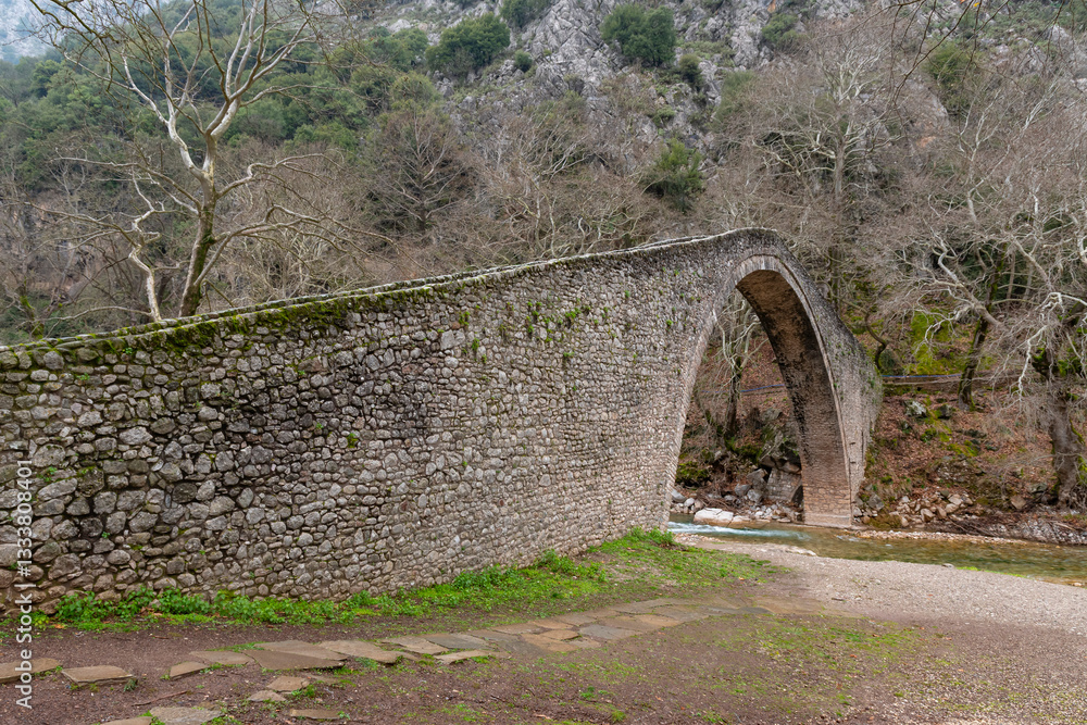 Saint Vissarion stone arched bridge (Porta, Portaikos) near Pyli village, Thessaly, Greece