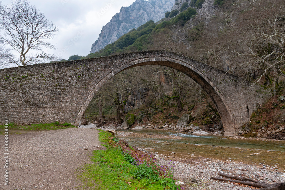 Saint Vissarion stone arched bridge (Porta, Portaikos) near Pyli village, Thessaly, Greece