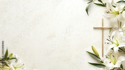 Clean, subtle design featuring a cross and white lilies on a light background, perfect for Easter Mass invitations, church bulletins, or spiritual spring-themed announcements.
