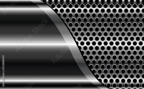 Metal background shiny silver chrome metallic with halftone dots pattern, silver polished steel texture wallpaper.