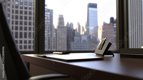 Minimalist office desk with natural light, blurred cityscape outside; simplicity and focus in a modern workspace.
