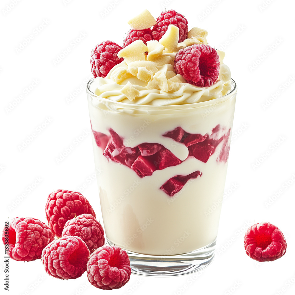 A Glass of Cream with Raspberries and White Chocolate on Transparent Background A Glass of Cream with Raspberries and White Chocolate on Transparent Background