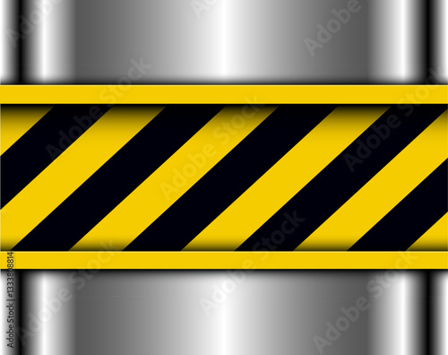 Background with warning stripes and silver sheet metal, under construction site concept.