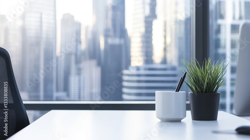 Minimalist office desk with natural light, blurred cityscape outside; simplicity and focus in a modern workspace.
