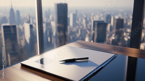 Minimalist office desk with natural light, blurred cityscape outside; simplicity and focus in a modern workspace.
