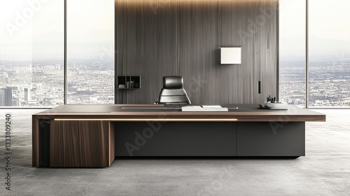 Minimalist office desk with natural light, blurred cityscape outside; simplicity and focus in a modern workspace.
