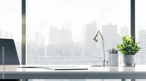 Minimalist office desk with natural light, blurred cityscape outside; simplicity and focus in a modern workspace.
