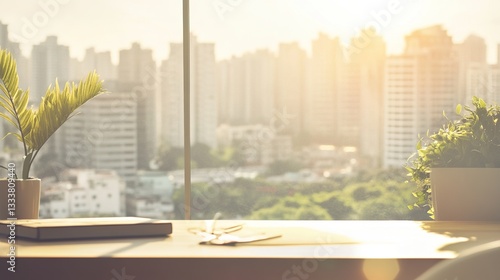 Minimalist office desk with natural light, blurred cityscape outside; simplicity and focus in a modern workspace.

