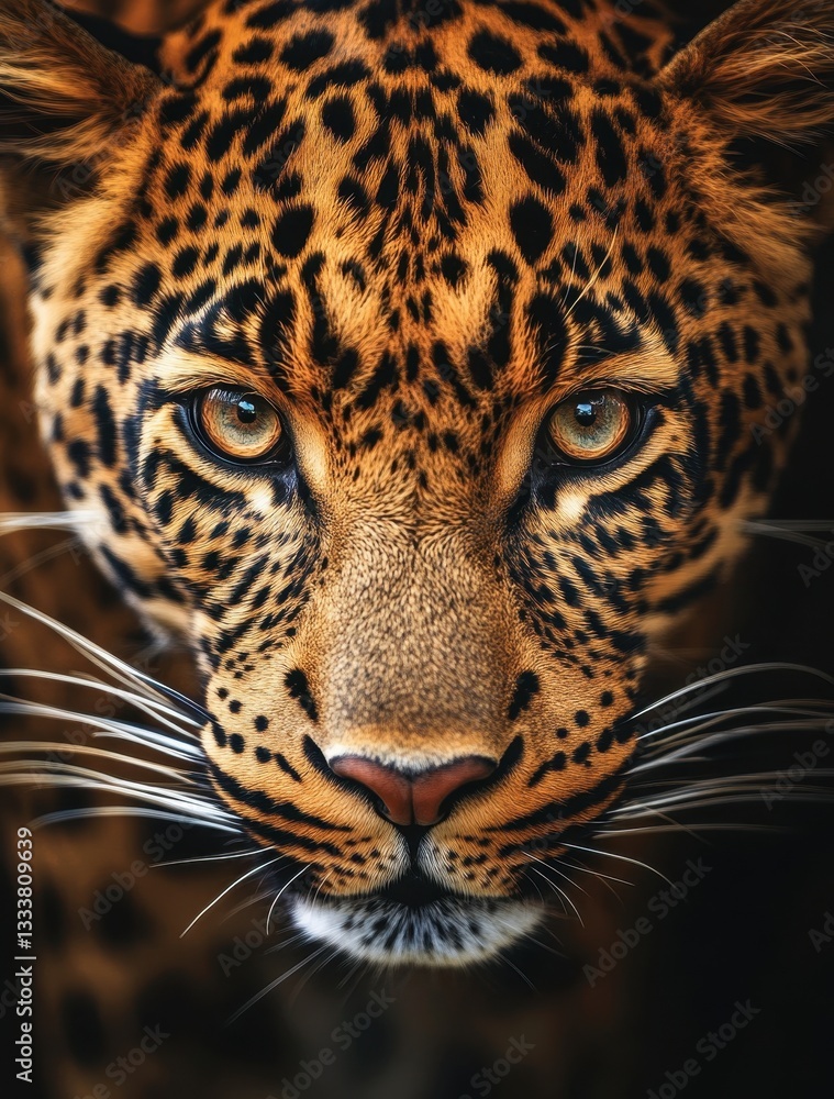 Obraz premium Majestic close-up portrait of a leopard showcasing intricate fur patterns and piercing eyes against a blurred dark backdrop, highlighting wild beauty and strength