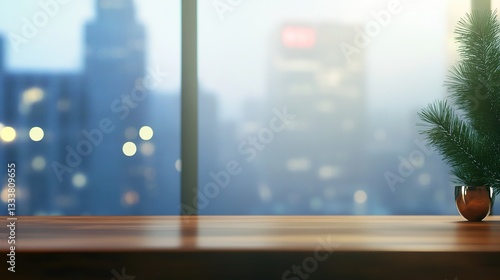 Minimalist office desk with natural light, blurred cityscape outside; simplicity and focus in a modern workspace.
