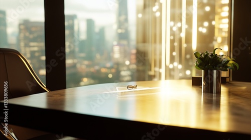 Minimalist office desk with natural light, blurred cityscape outside; simplicity and focus in a modern workspace.
