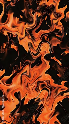 A striking orange and black background with a bold flame pattern, emphasizing power and intensity in the artwork.