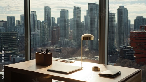 Minimalist office desk with natural light, blurred cityscape outside; simplicity and focus in a modern workspace.
