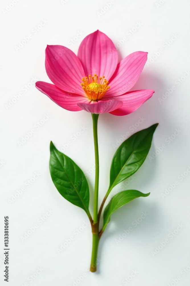 single flower on white background with leaves, stem, nature, natural elements single flower on white background with leaves, stem, nature, natural elements