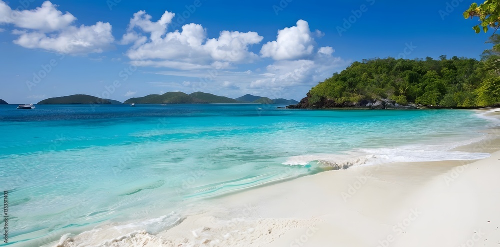 Fototapeta premium Tropical island paradise with pristine white beaches and vibrant turquoise waters under a clear sky.
