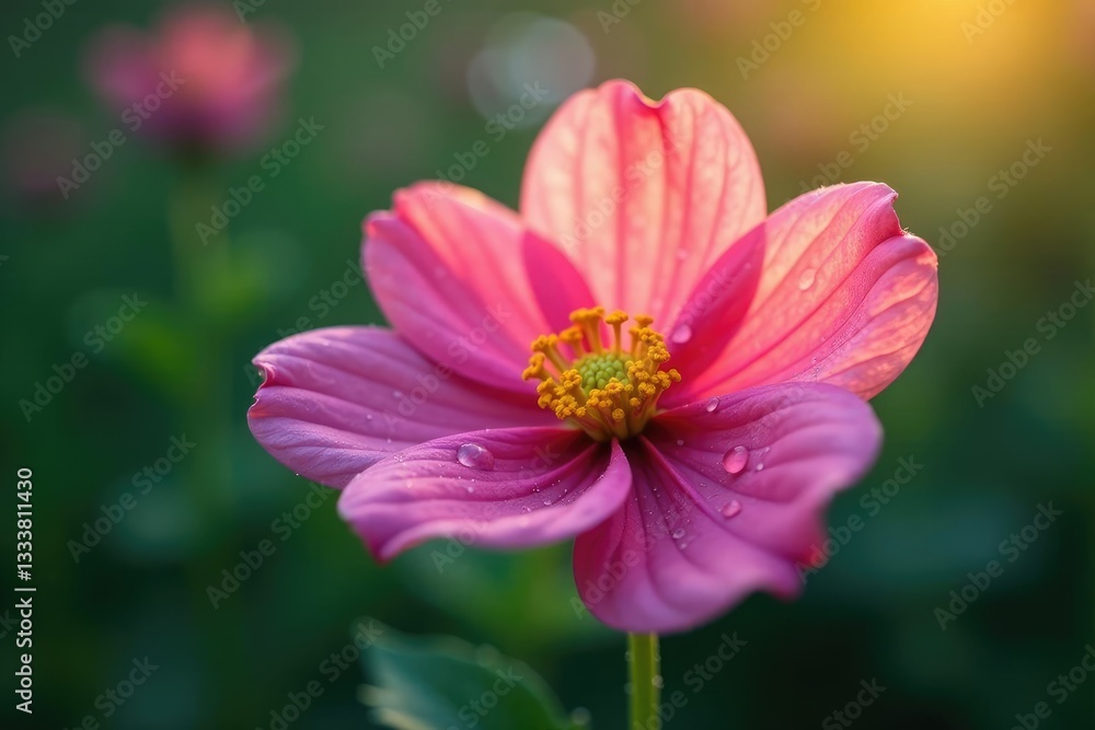 Single flower with dew drops and morning light, petals, gentle colors Single flower with dew drops and morning light, petals, gentle colors