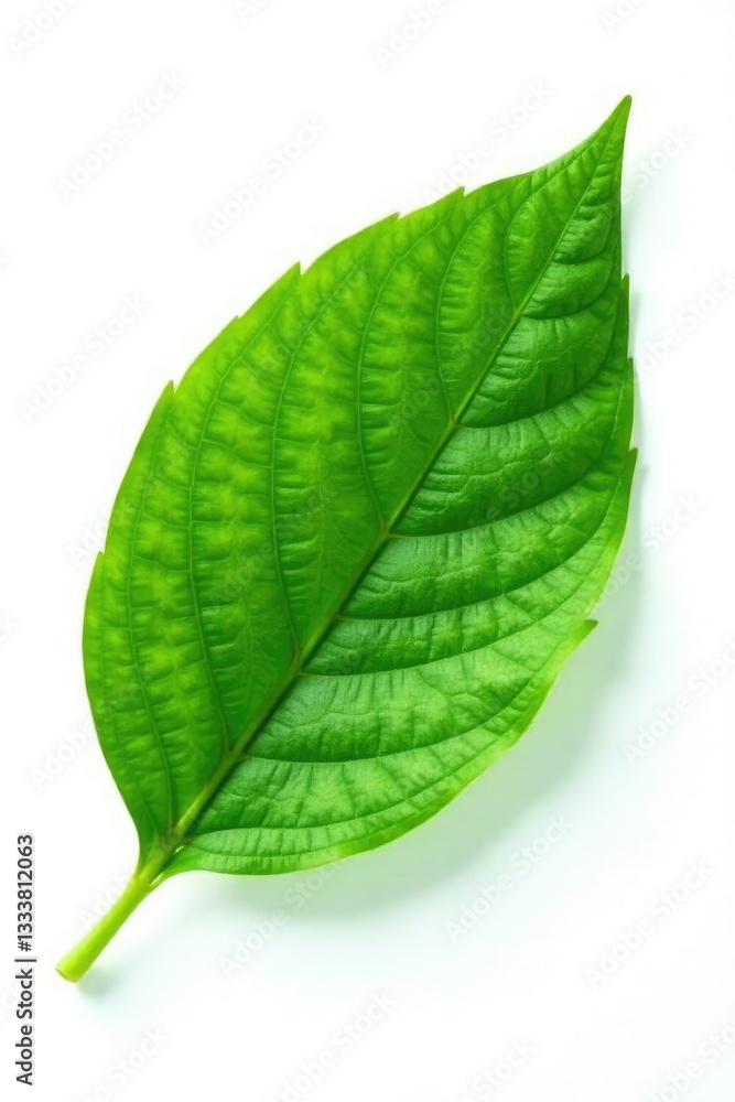 Obraz premium Single green leaf isolated on white background, flowers, nature