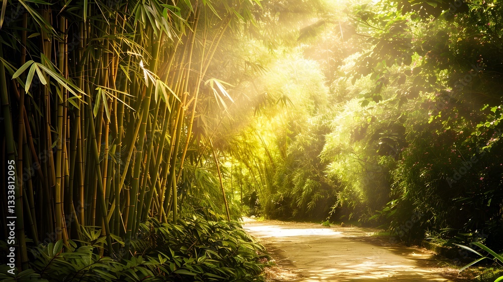 Fototapeta premium A tranquil pathway winding through a lush bamboo forest with sunlight streaming through.