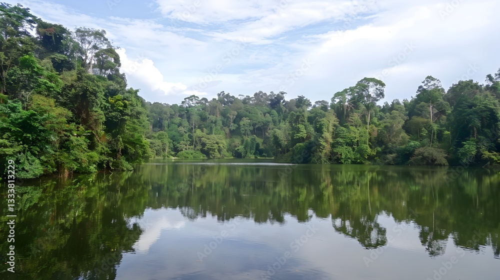 A tranquil lake surrounded by thick forests, creating a peaceful natural retreat. A tranquil lake surrounded by thick forests, creating a peaceful natural retreat.