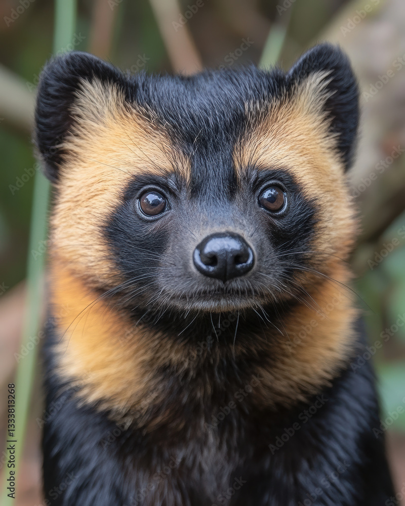 Fototapeta premium A close-up portrait of a unique animal with striking black and orange fur, showcasing its curious expression in a natural setting.
