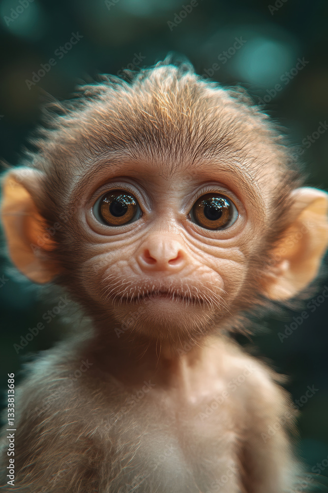 Obraz premium A curious young monkey gazes into the camera, showcasing its wide-eyed expression and playful nature in a lush natural setting.