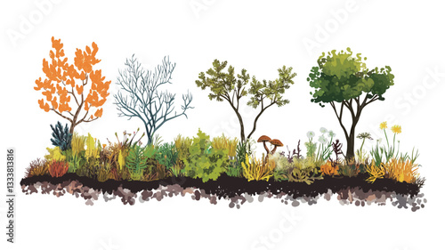 A digital illustration depicting a horizontal cross-section of four trees representing the four seasons.  The leftmost tree displays autumnal orange and yellow leaves; the next shows a winter tree