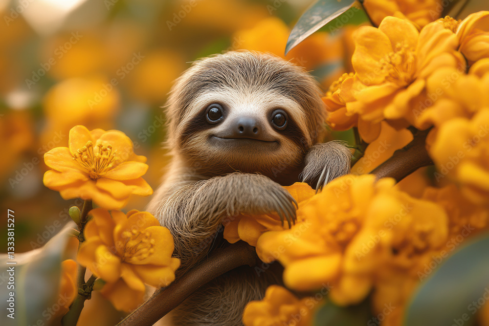 Fototapeta premium A cute sloth lounging among vibrant yellow flowers, showcasing its playful nature and charming personality in a lush environment.