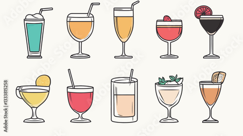 A digital illustration featuring a collection of twelve different cocktail icons.  Each icon depicts a glass containing a variety of cocktails with differing colors and garnishes.  The style is