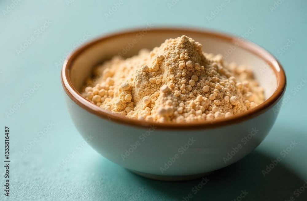 Bowl of nutritional yeast flakes on a blue surface Bowl of nutritional yeast flakes on a blue surface